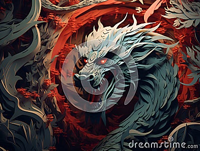 Year of The Dragon, Chinese Zodiac dragon Red papercut design. Wooden dragon 3d illustration as a symbol of the year. Dragon Cartoon Illustration