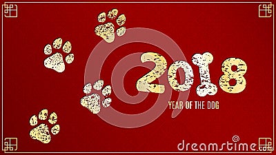 The year 2018 is a earth dog. Golden traces in grunge style on a red background with a pattern. Chinese New Year. Vector illustrat Cartoon Illustration