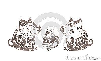 Year of The Earth Pig. 2019. Two silhouettes of stylized pigs decorated with ornament. Cartoon Illustration