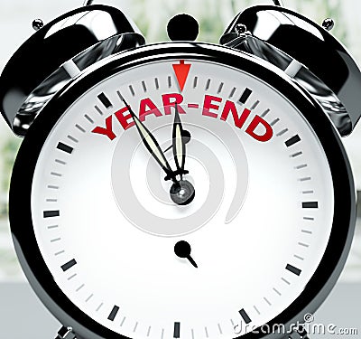 Year end soon, almost there, in short time - a clock symbolizes a reminder that Year end is near, will happen and finish quickly Cartoon Illustration