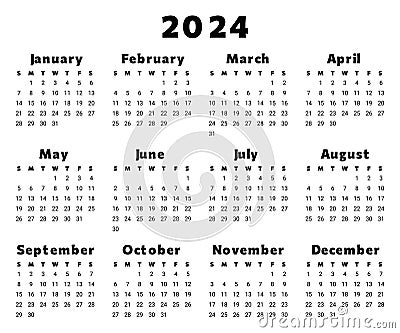 2024 year ENGLISH calendar in black color. Printable vector illustration Vector Illustration