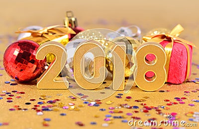 2018 year golden figures and Christmas decorations Stock Photo