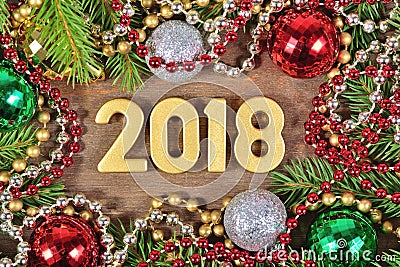 2018 year golden figures and Christmas decorations Stock Photo