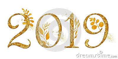 Year 2019 golden number design with gold floral decor watercolor new year sign Stock Photo