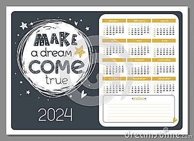 2024 year horizontal calendar with hand drawn lettering 