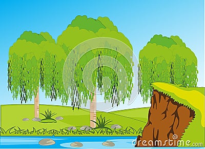 Year landscape with river and tree ashore Vector Illustration