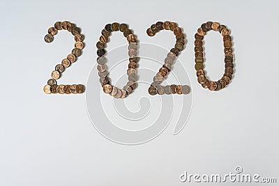 2020 Year made of isolated pennies on blank white background with copyspace Stock Photo