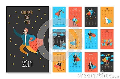 2019 Year Monthly Calendar with Flat People Characters Super Heroes. Calendar Template Layout with Man and Woman Vector Illustration