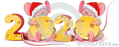 2020 year of mouse calendar. Two twin mice are holding cheese. Rat in red santa christmas hat Vector Illustration