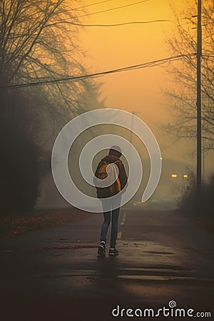 12 year old boy walking his way back from school alone. sun setting foggy afternoon. Stock Photo