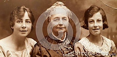 100 year old English portrait 1919 of two girls and elderly woman Editorial Stock Photo
