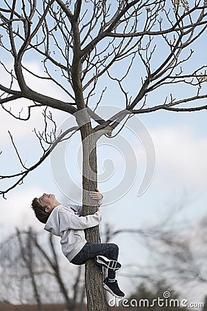 10 year old girl climb on a tree looking up. Stock Photo