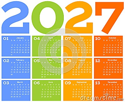 Year 2027 one page month grid calendar, multi colored on white background. Vector template. Annual agenda table. All Vector Illustration