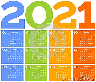 Year 2021 one page month grid calendar, multi colored on white background. Vector template. Annual agenda table. All Vector Illustration