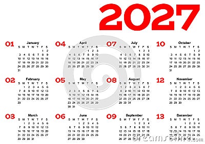 Year 2027 one page month grid calendar, multi colored on white background. Vector template. Annual agenda table. All Vector Illustration