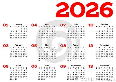 Year 2026 one page month grid calendar, multi colored on white background. Vector template. Annual agenda table. All Vector Illustration