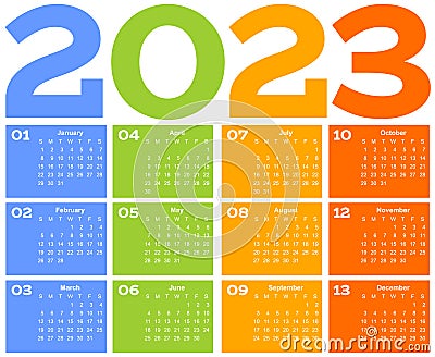 Year 2023 one page month grid calendar, multi colored on white background. Vector template. Annual agenda table. All Vector Illustration