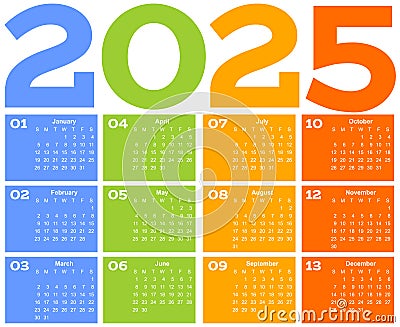 Year 2025 one page month grid calendar, multi colored on white background. Vector template. Annual agenda table. All Vector Illustration