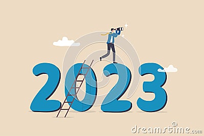 Year 2023 outlook, economic forecast or future vision, business opportunity or challenge ahead, year review or analysis concept, Vector Illustration