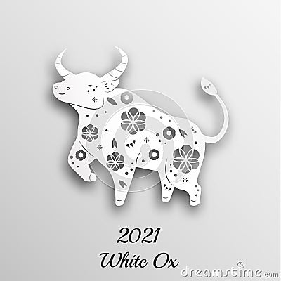 2021 year of Ox. Chinese new year banner in paper cut style. Bull in oriental design for traditional lunar celebration Vector Illustration