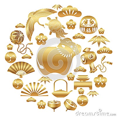 Year Of The Ox Gold Icon And Other Japanese Vintage Lucky Charms Celebrating The New Yearã€‚ Vector Illustration