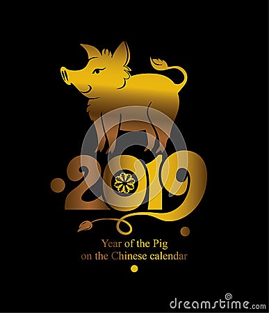 Flat template golden boar 2019 on black background for the New Year`s design. Stock Photo