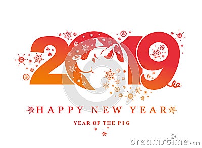 Year of the Pig 2019. New Year card with pattern 2019 and charming pig and snowflakes. Stock Photo