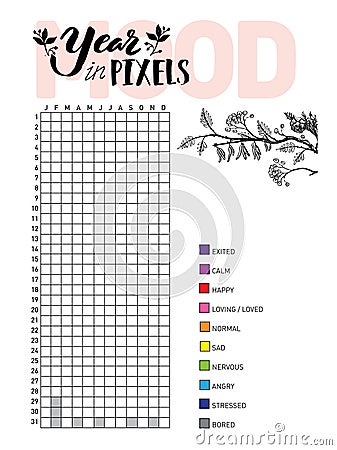 Year in pixels, your mood. Habit tracker blank with hand written cute numbers and lettering. Bullet journal template Vector Illustration