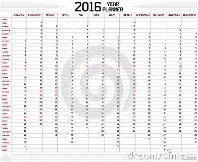 Year 2016 Planner Vector Illustration