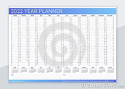 2022 year planner calendar. Desk calender template. Vector illustration Vector Illustration