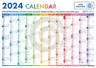 Year planner, 2024 calendar with monthly vertical grid in rainbow colors. Vector Illustration