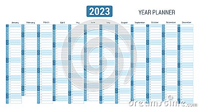 Year planner, calendar for 2023 with vertical grid Vector Illustration
