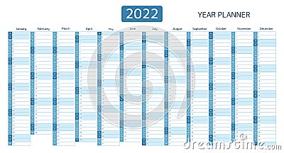 Year planner, calendar for 2022 with vertical grid Vector Illustration