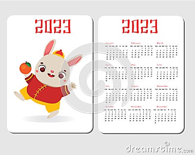 2023 year pocket calendar with rabbit. Chinese new year design with symbol of lunar zodiac, cheerful hare bunny Vector Illustration