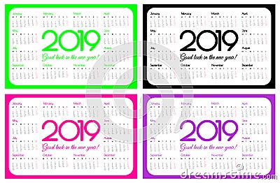 2019 year pocket calendar. A set of four colors: UFO green, plastic pink and proton purple. Simple design. Week starts on monday Stock Photo