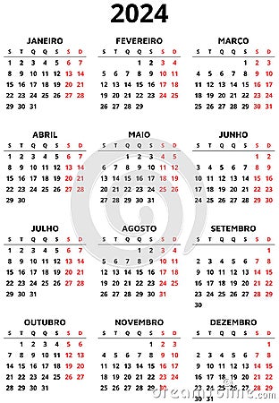 2024 year portuguese calendar. Printable png illustration for Portugal. Vertical Cartoon Illustration