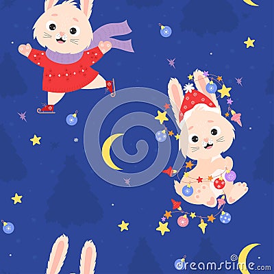 2023 is Year of the Rabbit to Chinese zodiac. Seamless pattern with symbols of year, cute bunny with garland in Santa hat and hare Vector Illustration