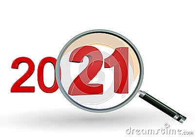 2021 21 year review zoom len magnify isolated red numbers - 3d rendering Stock Photo
