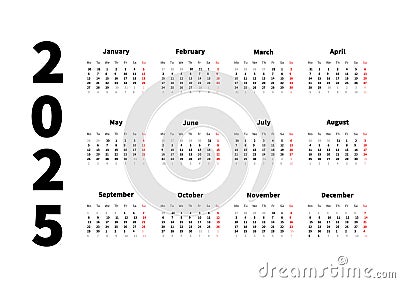 2025 year simple horizontal calendar in english, typographic calendar isolated on white Vector Illustration