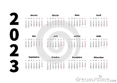 2023 year simple horizontal calendar in french language, typographic calendar isolated on white Vector Illustration