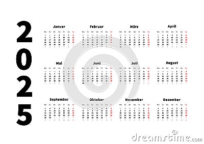 2025 year simple horizontal calendar in german, typographic calendar isolated on white Vector Illustration