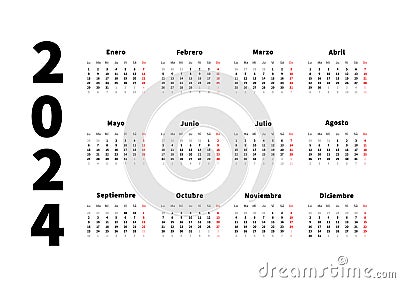 2024 year simple horizontal calendar in spanish language, typographic calendar isolated on white Vector Illustration