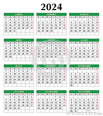 2024 year spanish calendar. Vector template illustration in Spain. Vertical Vector Illustration