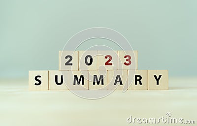 2023 year summary text on wooden cube blocks on smart grey background. Past performance analysis Stock Photo