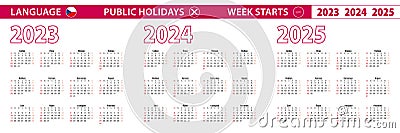 2023, 2024, 2025 year vector calendar in Czech language, week starts on Sunday Vector Illustration