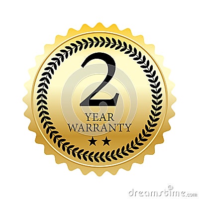 2 year warranty word, two star and circle laurel on circle jagged edge badge vector. Minimalist style, black and gradient gold col Stock Photo