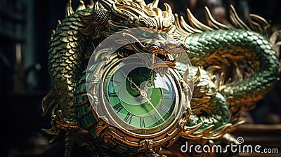 2024 is year of the Wood Dragon. 2024 Chinese New Year. Symbol of 2024 new year green and golden Dragon with clock Stock Photo