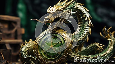 2024 is year of the Wood Dragon. 2024 Chinese New Year. Symbol of 2024 new year green and golden Dragon with clock Stock Photo