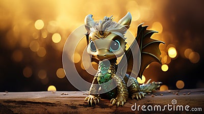 2024 is year of the Wood Dragon. 2024 Chinese New Year. Cute little symbol 2024 green and golden glitter Dragon on golden bokeh Stock Photo