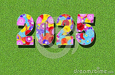 Year 2025, written with floral pattern of many different flowers Stock Photo